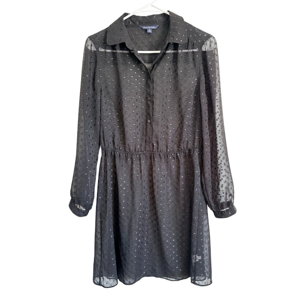 American Eagle Sheer Black Polkadot Dress Sparkle Buttons Elastic Waist Small